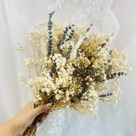 Dried Lavender & Baby's Breath & White Bunny Tails Flowers Bundles, Dried Flower Bouquet for Vase, Natural Gypsophila for Home, Wedding, Floral {1}