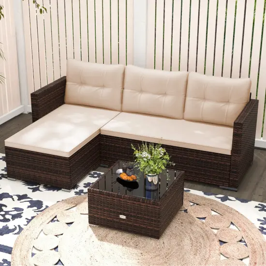 PE Rattan 2-Piece Sectional Sofa Set, Cushioned Seats and Glass Coffee Table {2}