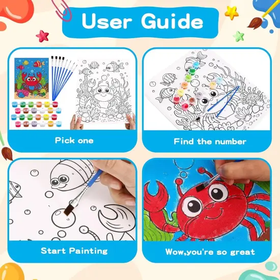 4 Pack Paint by Numbers for Kids, Pre-Drawn Canvas Painting Kit, Includes 12 Paints and 8 Brushes, DIY Painting for Classroom Games Home Wall Decor, Kids' Paint by Number Kits {4}