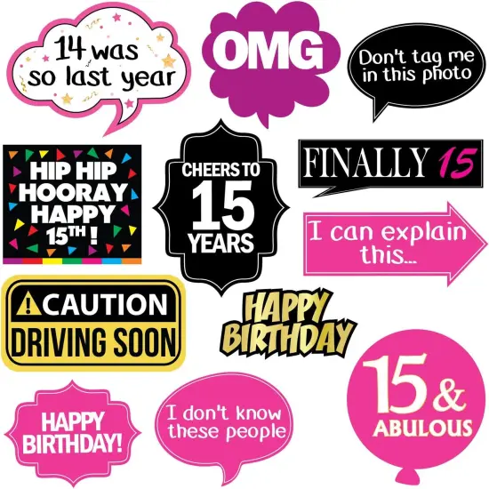 15th Birthday Photo Booth Party Props - 40 Pieces - Funny Kids Birthday Party Supplies, Decorations and Favors {2}