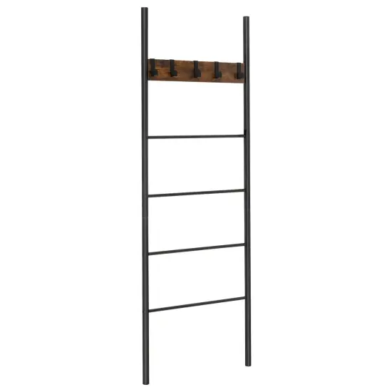 Black Wall-Leaning Decorative Blanket Holder with 5 Removable Hooks and Ladder Shelf {1}