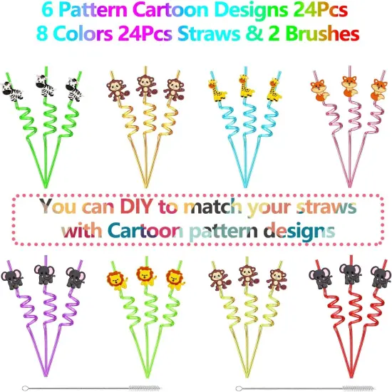 24PCS Jungle Animal Drinking Straws Reusable for Kids Forest Animal Theme Birthday Party Favors Supplies Decorations with 2 PCS Cleaning Brushes (Safari Jungle Animal) {2}