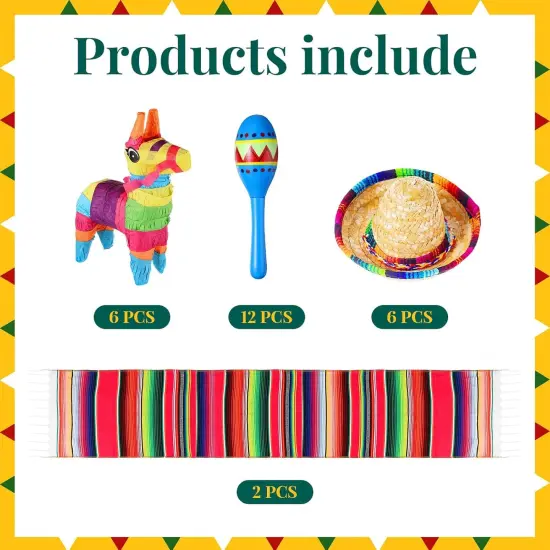 6 Pcs Mexican Decor Fiesta Decorations Include 6 Donkey Pinatas 12 Large Fiesta Maracas 2 Mexican Serape Table Runners 6 Mexican Sombrero Hats for Mexican Decorations Favors(Boho) {2}