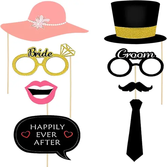 Wedding Photobooth Props Kit, Engagement Photo Booth Accessories with Wooden Dowels for Bridal Shower Wedding Favour Party Decorations Funny Selfie Props {2}