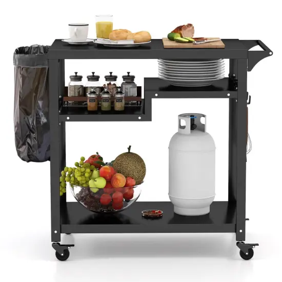 Black Metal Outdoor Grill Table, Rolling Prep Cart with Shelves and Hooks {4}