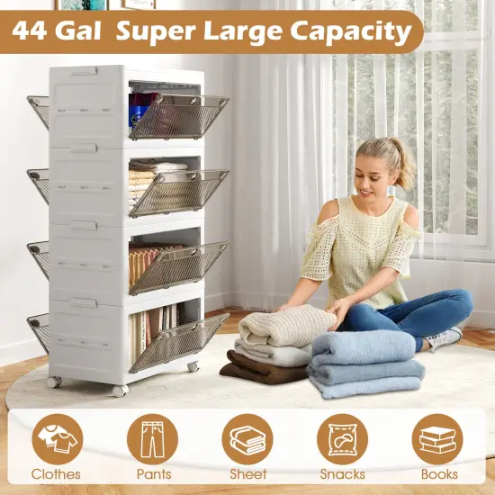 White PP HIPS 4-Tier Stackable Storage Bins and Quick Fold with Rolling Casters {5}
