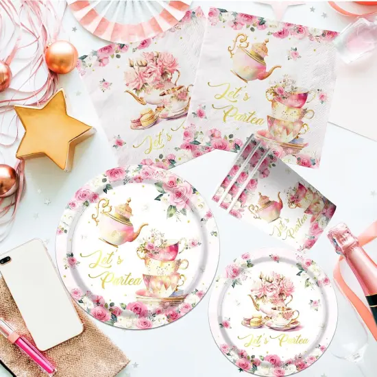 Girls Tea Party Birthday Supplies,Pink Floral Let&rsquo;s Partea Tableware Sets Include Tea Party Paper Plates and Napkins for Par Tea Baby Shower,Spring Wedding Birthday Party Decorations {5}