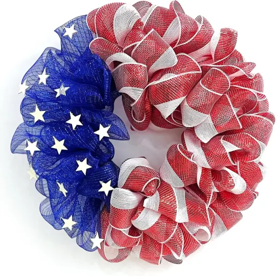 26 Inch Mesh Patriotic Front Door Wreath, 4th July Independence Day Wreath America Patriotic Flag Burlap Farmhouse Decor, Memorial Day Americana Summer Front Window Hanging Decor {1}