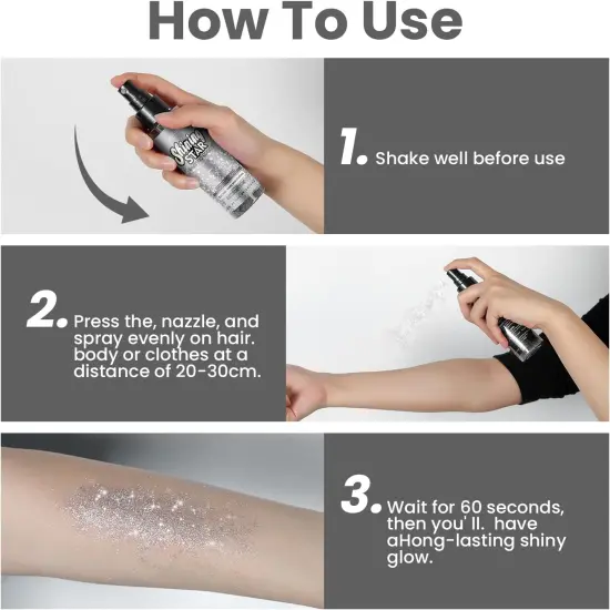 Glitter Spray for Hair and Body,Silver Body Glitter Spray,Quick-Drying and Waterproof Glitter Hairspray,Nozzles are not Easily clogged，Long-Lasting Body Shiny Spray for Stage Makeup, 3.38Oz {5}