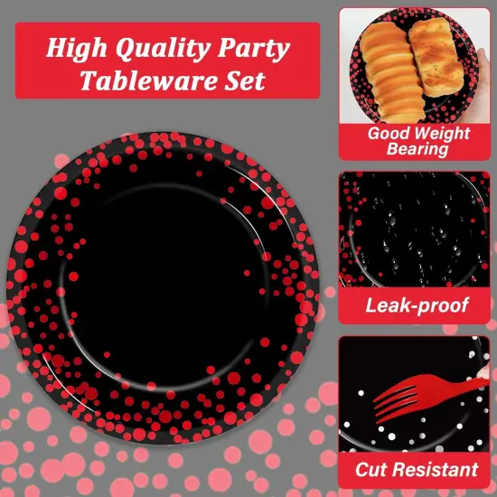 96 Pcs Black and Red Party Plates and Napkins Party Supplies Red Dot on Black Party Birthday Tableware Set Decorations Favors for Birthday Baby Shower Serves 24 {3}