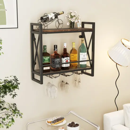 Rustic Brown Metal Frame Wall Mounted Wine Rack with 2-Tier Shelves and 3 Glass Holders {3}