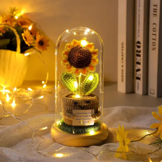 Sunflower Gifts for Women 9'' Crochet Sunflower Gifts for Her Wife Girlfriend Mom Light up Flower in Glass Dome Gift for Birhday {3}