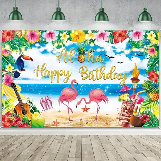Birthday Party Decorations Supplies, Summer Hawaiian Birthday Backdrop for Tropical Flamingo Pool Beach Party Decoration {1}