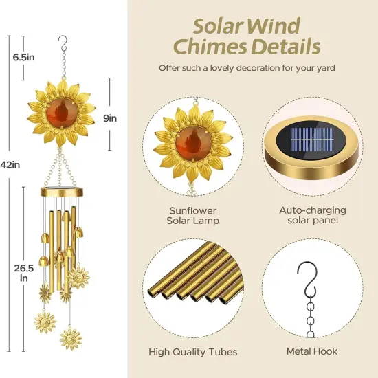 42" Solar Wind Chimes with Sunflower LED Lights &ndash; Waterproof Outdoor Garden Decor for Patio & Yard, Unique Gifts for Women, Mom, and Grandma, Easy-Install Design {2}