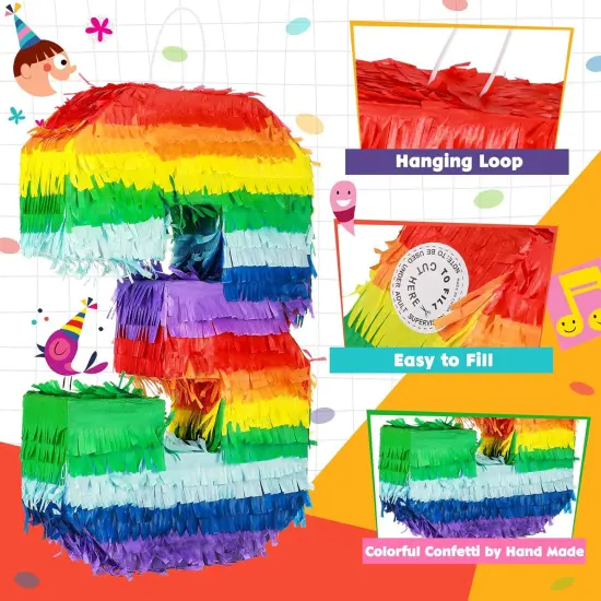 Rainbow Number Pi&ntilde;ata Multicolor Number Pi&ntilde;ata Small Kids Birthday Party with Blindfold Stick and Confetti for Birthday Anniversary Cinco De Mayo Fiesta Party Decor(Number 3) {3}