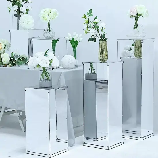5 Silver Mirror Pedestal Risers Display Boxes Centerpiece {2}