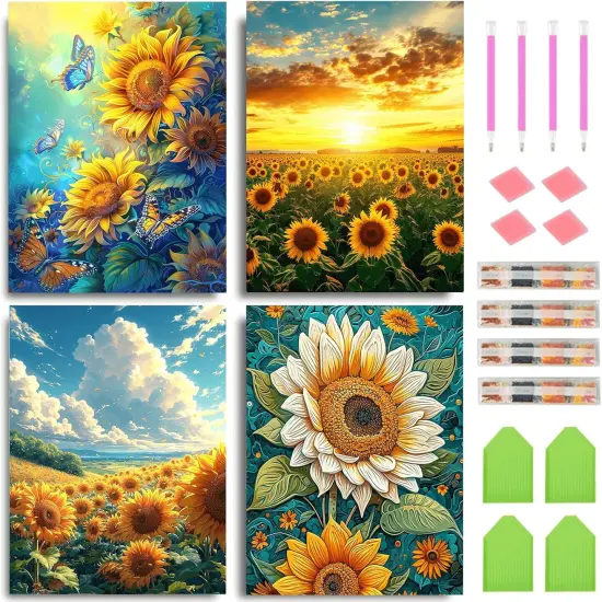 4 Pack Sunflower Diamond Art Kits for Adults 5D Animal Diamond Art Kit for Beginners DIY Paint with Round Full Drill Gem Art Painting for Home Wall Decor (11.8x15.7inch) {1}