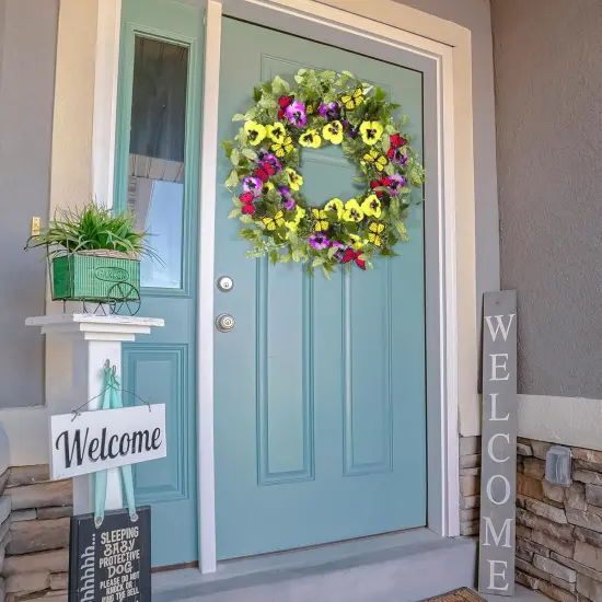 2 Pcs Summer Door Wreaths for Front Door &ndash; 22'' Artificial Yellow and Purple Pansy Wildflower Wreaths for Indoor and Outdoor Home Decor {5}