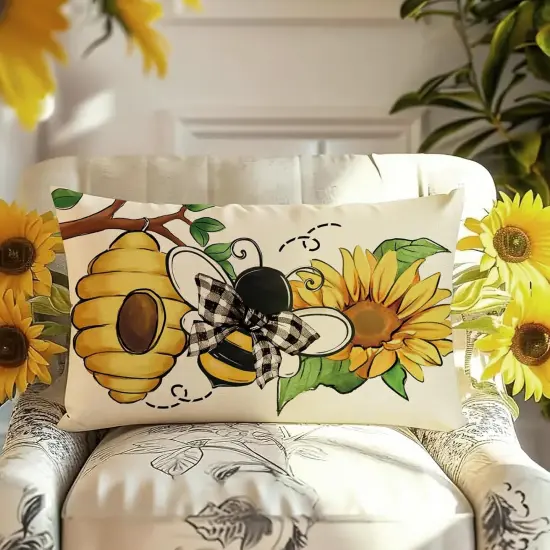 Honeycomb Sunflower Flower Porch Patio Outdoor Pillowcase, Beehive Floral Bow Sofa Cushion Case Home Decor {3}