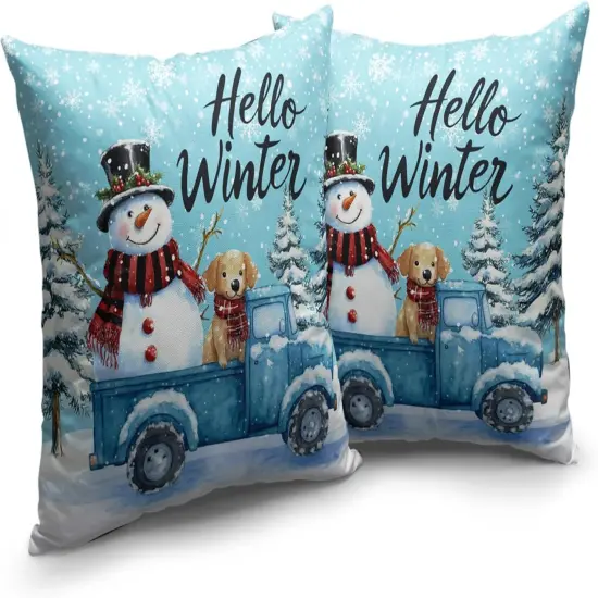 Hello Winter Pillow Covers 18x18 Set of 2 Blue Truck with Lovely Snowman Puppy Dog Throw Pillow Case Snowflakes Snowman Cushion Case for Holiday Decorations Couch Sofa {2}