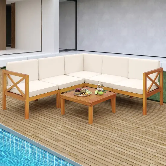Off-White Cushioned Acacia Wood 6-Piece Patio Set, Modular Sectional with Coffee Table {6}