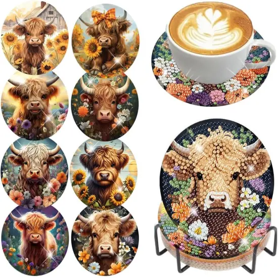 8 Pcs Diamond Art Painting Coasters Diamond Art Coasters with Holder, DIY Cow Coaster Diamond Painting Kits for Adults Beginners, Diamond Art Kits for Adults Arts and Crafts Supplies {1}