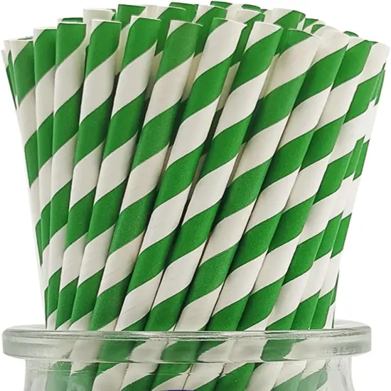 Forest Green Striped Paper Straws, Premium [100 Pack] Disposable Green And White Striped Paper Drinking Straws for Christmas Spring Party Supply {1}