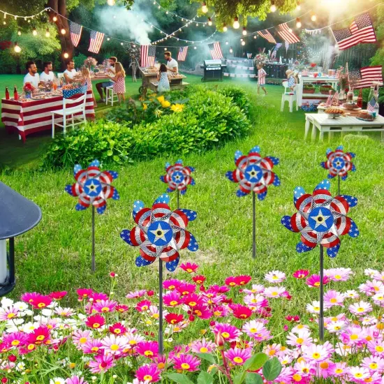 10 Pieces 21 Inches Patriotic Reflective Pinwheels with Stakes, American Flag Windmill Wind Spinners {5}