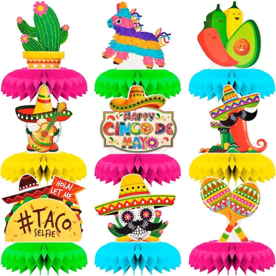 9 Pieces Cinco de Mayo Festival Honeycomb Centerpieces Table Decor, Mexican Fiesta Vibrant Cactus, Pi&ntilde;ata, Taco and Sombrero Pattern Table Topper Ornaments Signs, Holiday Party Decorations {1}