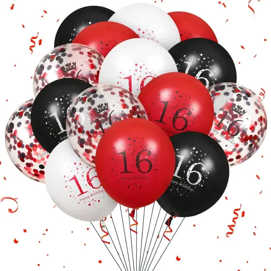 16th Birthday Balloons - 16Pcs Red & Black Latex Balloons for Girls & Boys - Happy 16th Birthday Party Decorations {1}