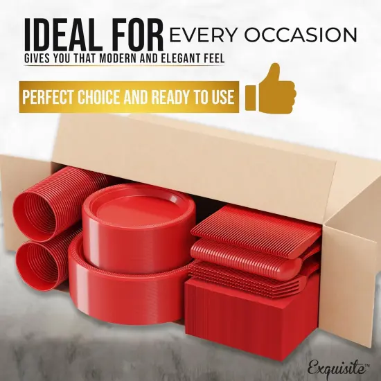 350 Pcs Red Plastic Plates For Party, Red Disposable Plates Set, 50 Of Each 9" Dinner Plate Set, 7" Dessert Plate, Cups, Napkins & Cutlery Plastic Dinnerware Exquisite {2}