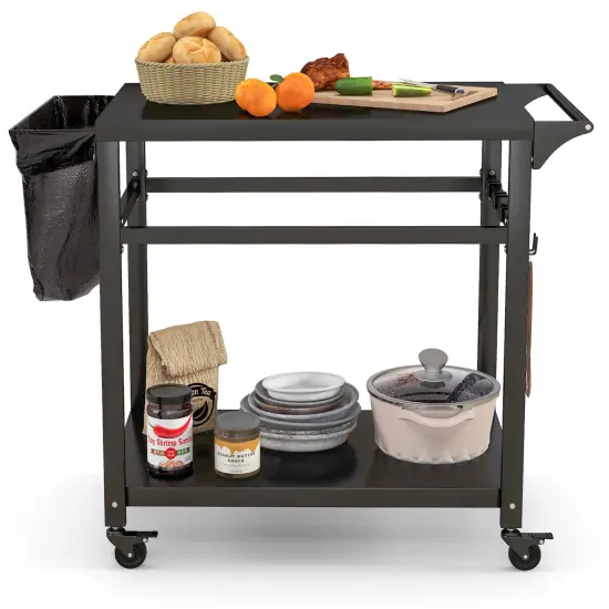 Black Metal BBQ Cart Table with Storage Shelf, Hooks and Lockable Wheels {4}