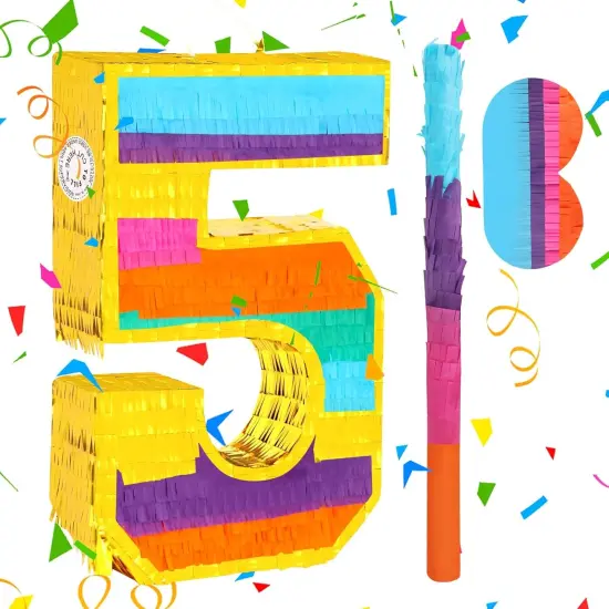 Rainbow Number 5 Pinata with a Blindfold and Bat for Boys Girls 5th Birthday Party, Kids Anniversary Celebration, Fiesta Supplies {1}