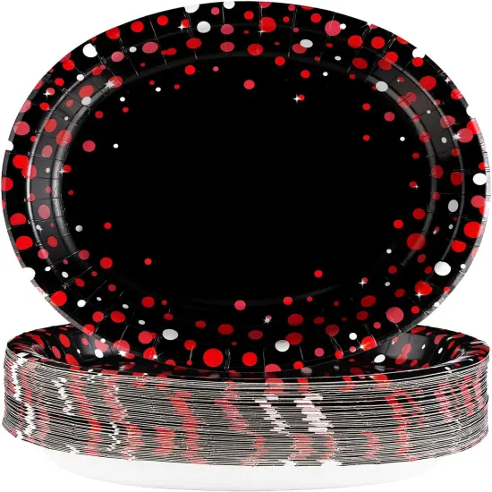 50 Pcs Large Red Dot on Black Party Plates - 10"x12" Disposable, Heavy Duty, 400 GSM, Perfect for Black & Red Birthday Decorations {1}