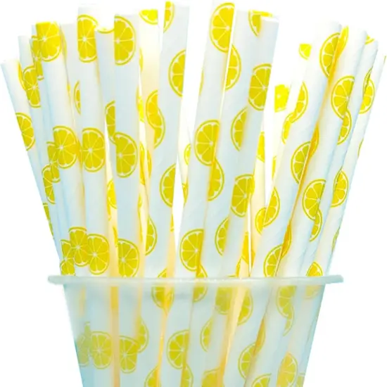 25 Pcs Biodegradable Yellow Paper Straws Lemon Baby Shower Party Straws Lemon Disposable Paper Straws for Drinking {1}