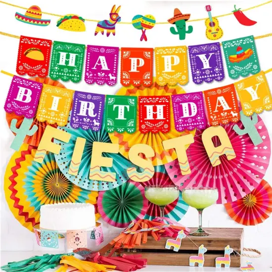 Fiesta Happy Birthday Banner 2Pcs Mexican Pinata Banner Garland for Cinco de Mayo Taco Party Carnival Birthday Fiesta Party Decor {2}