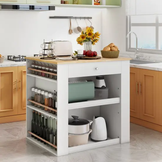White Modern Kitchen Organizer with Rubber Wood Countertop and 2 Open Shelves {2}