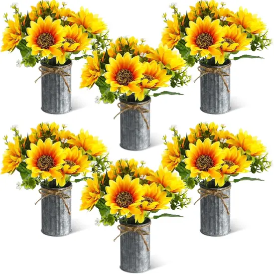 Summer Sunflower Sets &ndash; 6 Sets Artificial Sunflowers in Vintage Metal Pots, Rustic Faux Flower Decor for Tables & Centerpieces {1}