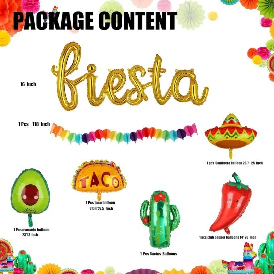 Fiesta Balloons Letter Banner Mexico Taco Llama Cactus Avocado Chili Pepper Mylar Balloon Birthday Mexican Fiesta Theme Cinco De Mayo Party Decor 13 Pcs Set {2}