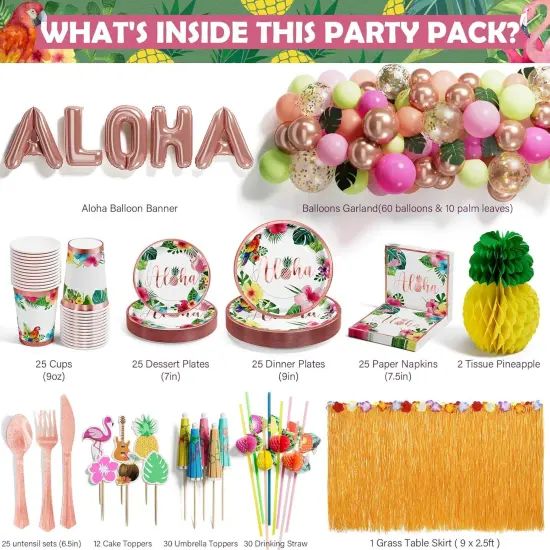 Hawaiian Luau Birthday Party Decorations 329PCS Tropical Aloha Rose Gold Party Supplies for Summer Beach Decor Disposable Dinnerware Set {2}