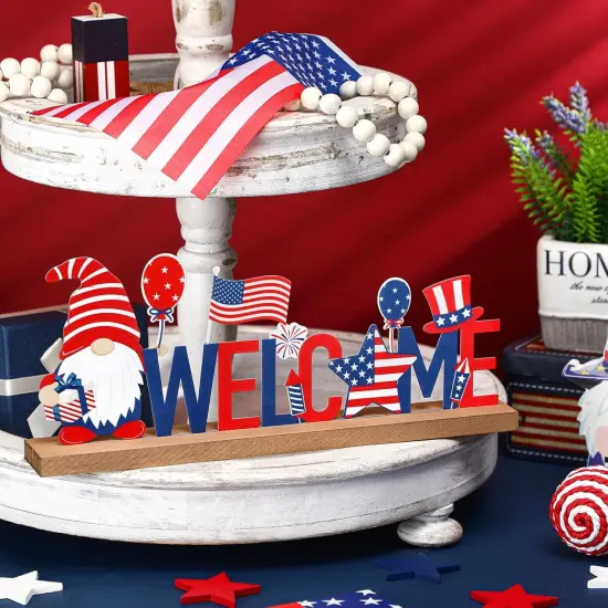 Patriotic/ 4th of July Metal Sign Rustic Table Decor Holiday Tiered Tray Decor with Wooden Base Freestanding Metal Word Sign for Home Tabletop Centerpiece Mantel Shelf Fireplace {4}