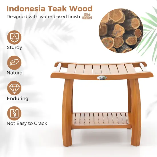 2-Tier Teak Wood Shower Bench Stool with Curved Seat and Handles Ideal Use as Plant Stand or Side Table {6}