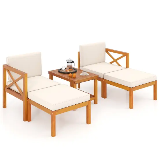 Off-White Cushioned Acacia Wood Patio Set, Modular 5-Piece Sectional {4}
