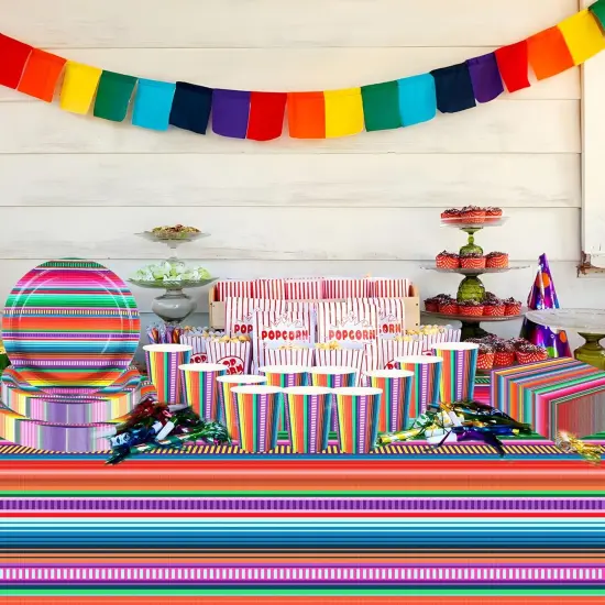 177 PCS Mexican Fiesta Party Supplies Fiesta Tableware Set Mexican Serape Paper Plates Napkins Cups Mexico Stripes Plastic Tablecloth for Cinco De Mayo Mexico Birthday Party {4}