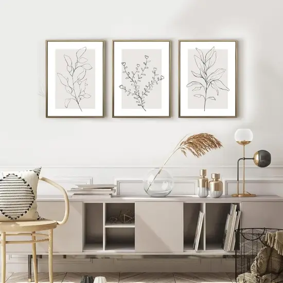 Summer Neutral Botanical Canvas Wall Decor, Minimalist Black Line Flower Poster Prints, Boho Beige Floral, Abstract Plant Leaf Aesthetic Picture for Bedroom and Living Room, Framed 12"x16" (Set of 3) {2}