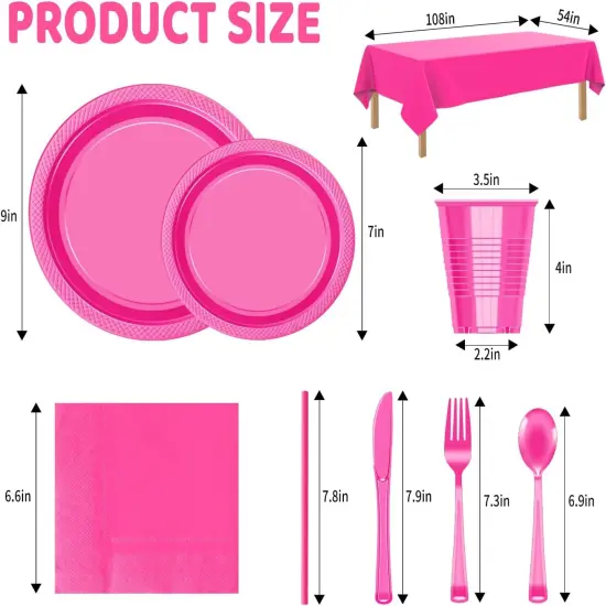 242 Pcs Plastic Dinnerware Set Includes 30 Of Each 9" Dinner Plates |7" Dessert Plates|12 oz Plastic Cups | Napkins|Straws|Spoons, Forks & Knives (Hot Pink, 242PCS（30 Guests）) {2}