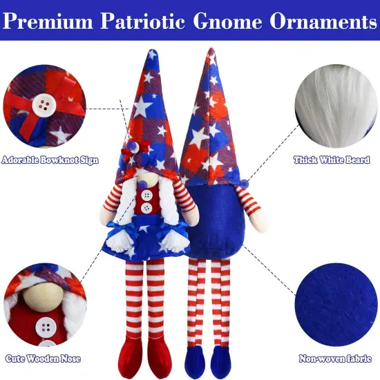 2Pcs 4th of July Patriotic Gnomes Plush Decorations - Mr & Mrs Handmade Swedish Tomte Gnomes Ornaments for Patriotic Party Table Decor {2}
