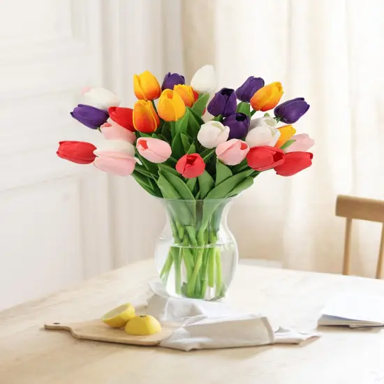30PCS Summer Floral Arrangement &ndash; Artificial Tulip Flowers, Real Touch Faux PU Tulips for Table Centerpieces, Kitchen, Home Decor (Multi-Colors) {2}