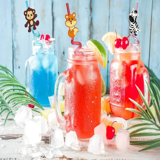 24pcs Forest Animals Crazy Shape Straws, Drink Cocktail Straws for Lion Fox Zebra Giraffe Monkey Safari Birthday Party Supplies Party Favors, Woodland Party Favors with 2 Cleaning Brushes 8 Colors {2}