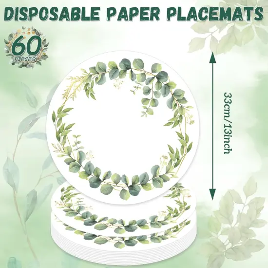 60Pcs Disposable Eucalyptus Leaves Place Mats Spring Summer Greenery Round Paper Table Mats Sage Green Eucalyptus Leaves Party Dining Table Decorations for Home Kitchen Baby Shower Wedding {2}